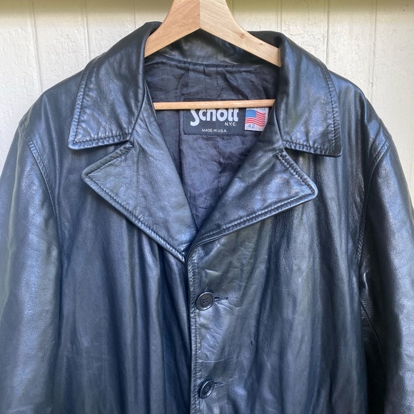 Schott NYC Black Leather Trench Button Up Jacket Sz 42 Made in USA - Picture 3 of 7